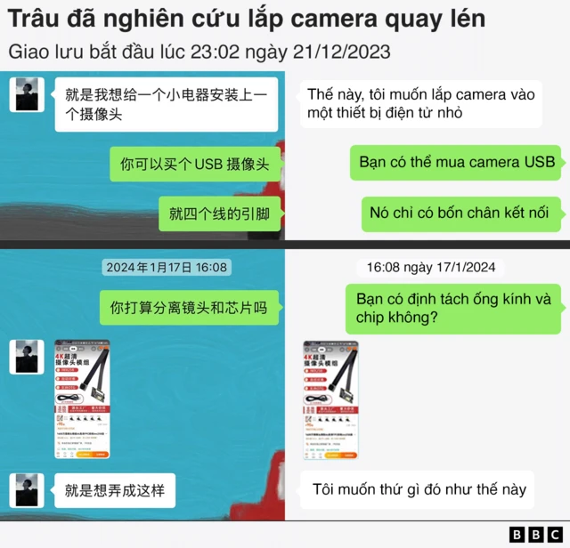 Bản sao cuộc trò chuyện WeChat giữa Zou và một người bạn, có tiêu đề: "Zou đã nghiên cứu lắp đặt camera quay lén". Nội dung như sau:

Cuộc trò chuyện bắt đầu lúc 23:02 ngày 21/12/2023

Zou: Về cơ bản, tôi muốn lắp camera vào một thiết bị điện tử nhỏ.

Bạn: Bạn có thể mua camera USB. Nó chỉ có bốn chân kết nối.

17 tháng 1 năm 2024, 16:08

Bạn: Bạn định tách ống kính và chip ra à?

Zou: Tôi muốn thứ gì đó như thế này.

Anh ấy đính kèm ảnh chụp màn hình một mô-đun camera kín đáo từ nền tảng mua sắm Taobao của Trung Quốc.